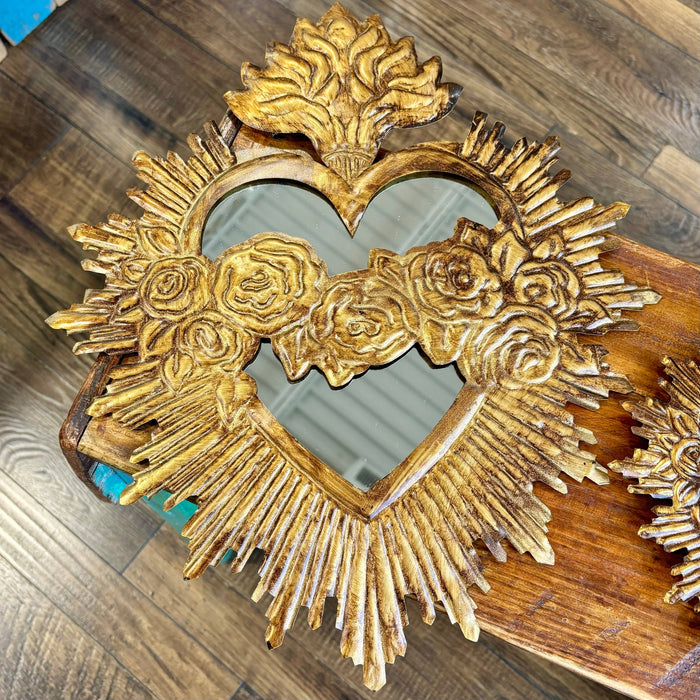 immaculate sacred heart gold tin rosary jesus mirror handmade