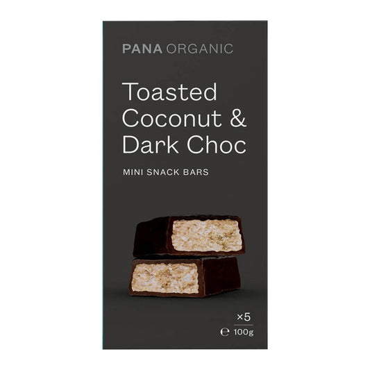Pana Organic Toasted Coconut & Dark Choc mini snack bars packaging on a white background. 5 bars.