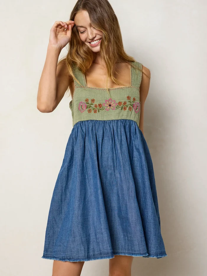 Tricia Embroidered Mini Dress - Green Denim-view 1