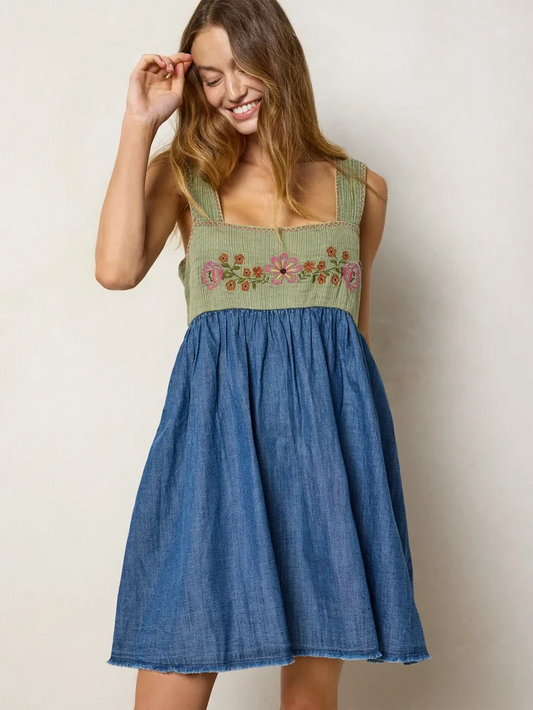 Tricia Embroidered Mini Dress - Green Denim-view 1