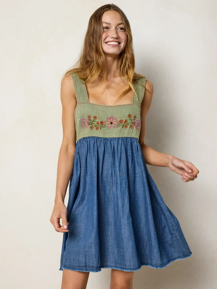 Tricia Embroidered Mini Dress - Green Denim-view 3