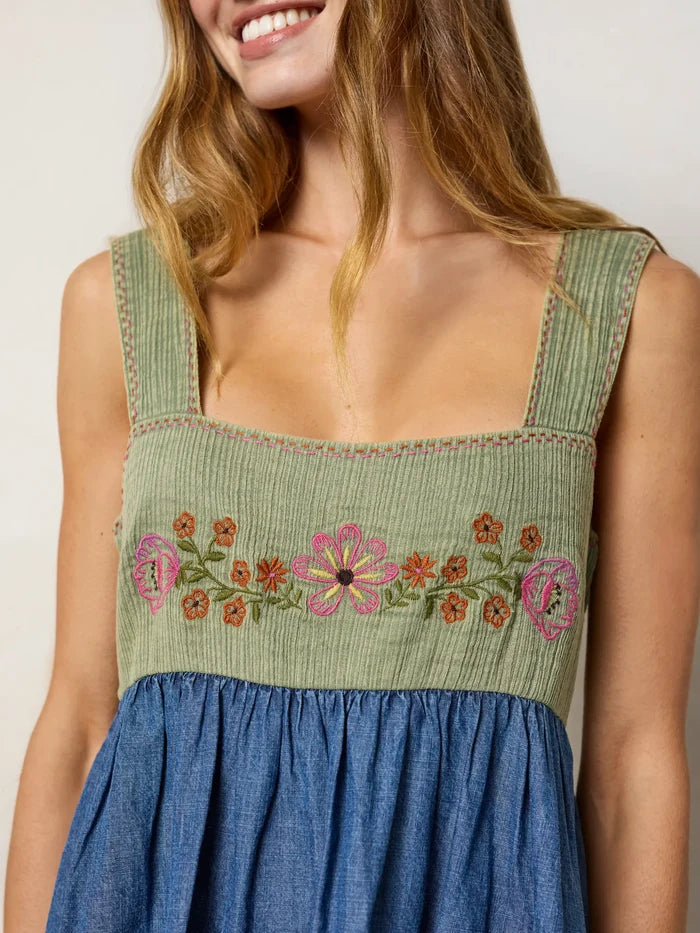 Tricia Embroidered Mini Dress - Green Denim-view 4
