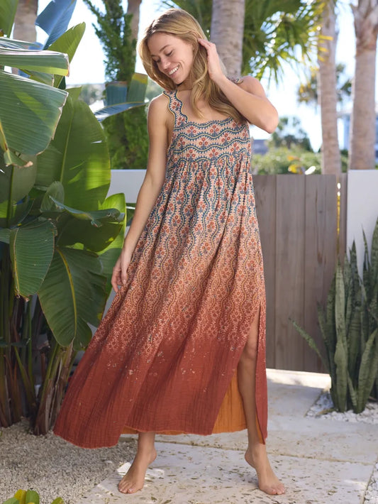 Tricia Reversible Cotton Gauze Maxi Dress - Groovy Stripe Rust-view 1
