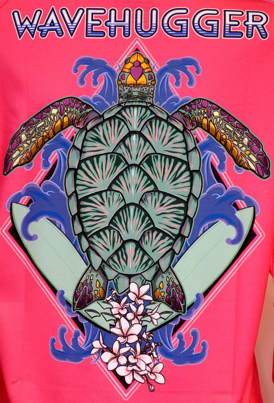 The Wave Hugger Turtles and Surf Performance Shirt features a colorful sea turtle with patterned flippers, surfboards, and tropical flowers on blue waves for vibrant UPF 50+ sun protection.