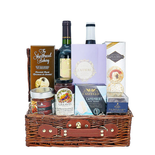 Two-Bottle Wine Basket with Artisan Cheese and Fine Chocolates – gift basket with capeachio's peppercorn & poppy water cracker, the shortbread bakery