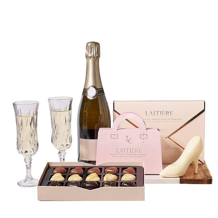 Two Gallese Flutes with Sparkling Wine and Laitière Chocolate Love Letter Gift – gift basket with bottle of sparkling wine, 2 gallese and laitiere