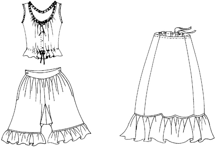Flat line drawing of camisole, petticoat, and drawers.