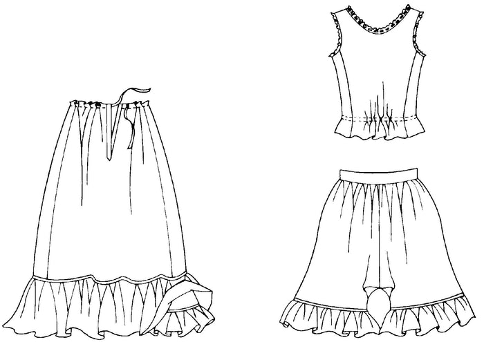 Flat line drawing of back views of camisole, petticoat, and drawers.