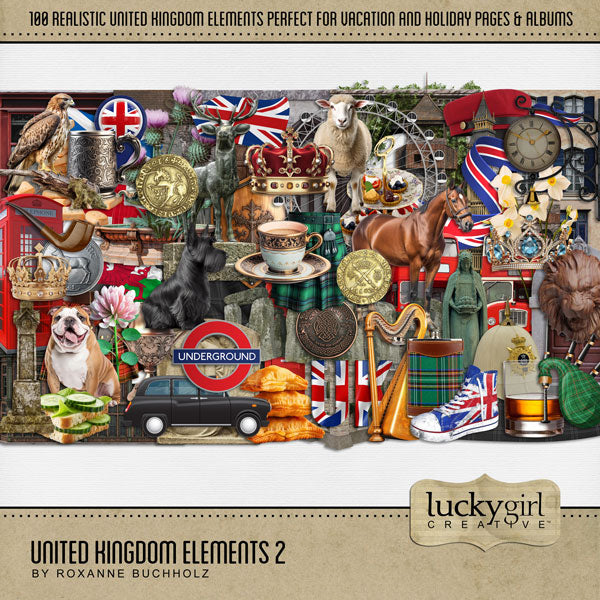 Celebrate the United Kingdom, England, Scotland, Northern Ireland, Wales, and all of Europe with these realistic digital art embellishments by Lucky Girl Creative. Great for adding that historic, vintage, and antique look to all your pages including family heritage and genealogy.