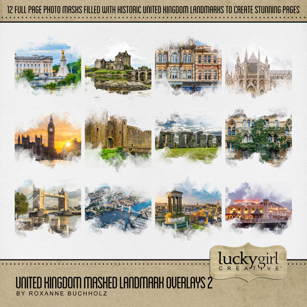 Celebrate the United Kingdom, England, Scotland, Northern Ireland, Wales, and all of Europe with these beautiful landmark and scenic masked overlays by Lucky Girl Creative! With transparent edges, these masked photographs blend seamlessly into any background paper and make the perfect backdrop for all travel, vacation, and holiday pages.
