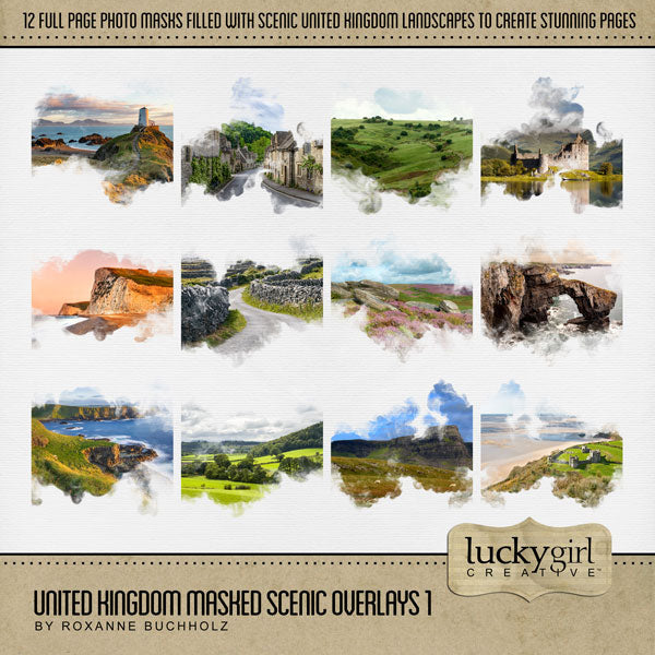 Celebrate the United Kingdom, England, Scotland, Northern Ireland, Wales, and all of Europe with these beautiful landmark and scenic masked overlays by Lucky Girl Creative! With transparent edges, these masked photographs blend seamlessly into any background paper and make the perfect backdrop for all travel, vacation, and holiday pages.
