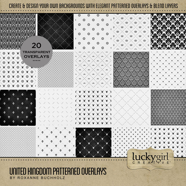 Celebrate the United Kingdom (England, Scotland, Northern Ireland, and Wales), the Royal Family of the Queen and King, and historic sites in Europe with these classic patterned overlay digital art embellishments by Lucky Girl Creative. Fill with your favorite color, photo, or paper to create a unique effect. Patterns included arrows, king crowns, queen crown, shields, diamonds, Fleur De Lis, flowers, damask, and more!
