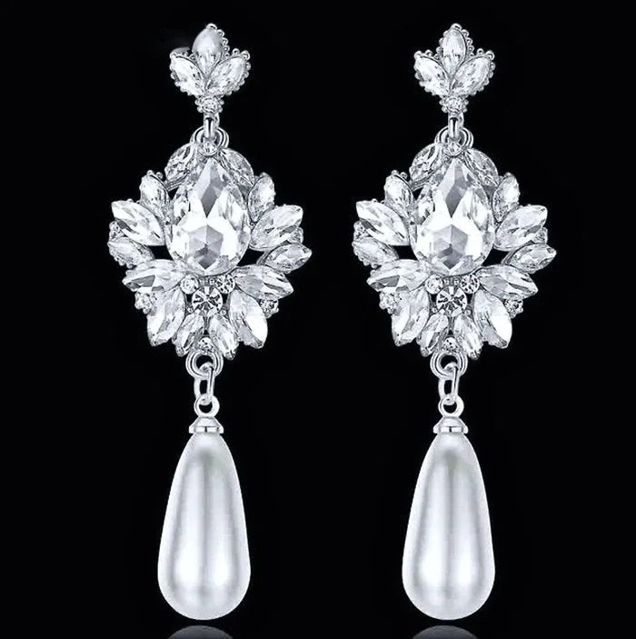 Wedding Jewelry - Silver Pearl and Crystal Bridal Earrings