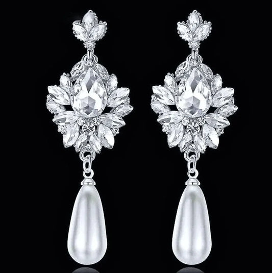 Wedding Jewelry - Silver Pearl and Crystal Bridal Earrings