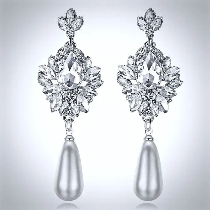 Wedding Jewelry - Silver Pearl and Crystal Bridal Earrings