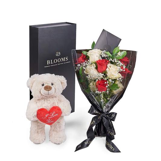 Valentine's Day Red and White Rose Bouquet with Bear in Designer Box – the bouquet