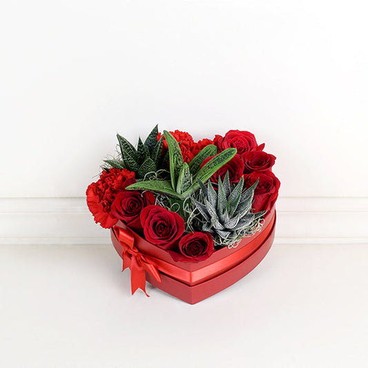 Valentine's Day Red Rose and Succulent Arrangement in Heart-Shaped Box – gift basket with this wonderfully romantic gesture features a beautiful