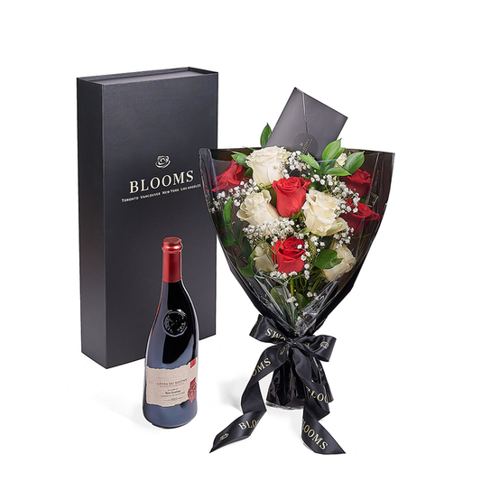 Valentine's Day Red & White Rose Wine Gift Bouquet – gift basket with this gift includes six red roses and six