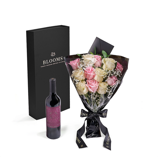 Valentine's Day Rose Bouquet of Six Pink and Six White Roses with Wine – gift basket with this gift includes six pink roses and six