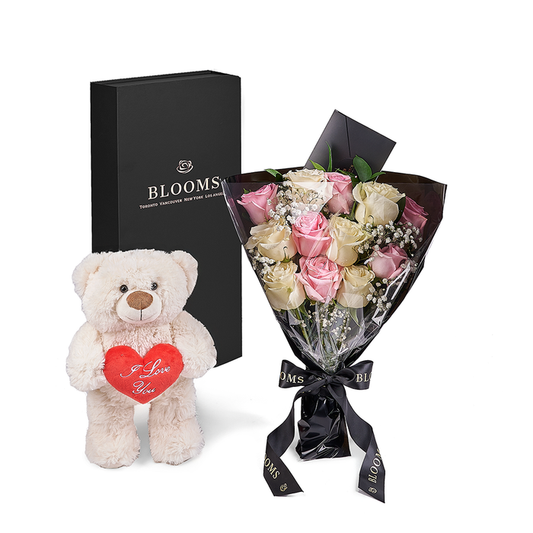 Valentine's Day Rose Bouquet, Pink & White, with Plush Bear and Elegant Box – the bouquet