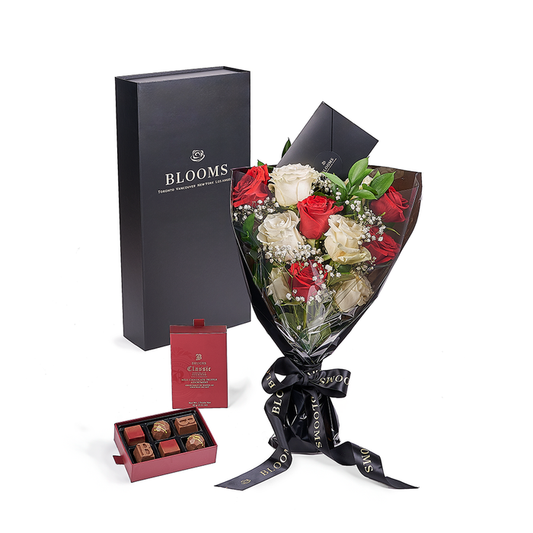 Valentine's Rose Bouquet with Red and White Roses and Chocolate Truffles – the bouquet