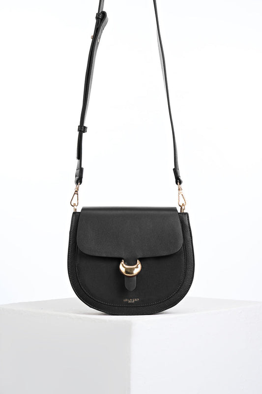 Venetia Black Faux leather Saddle Crossbody with gold Cannon Street Clasp Closure detail on the front flap
