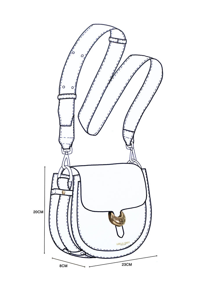 Line drawing design sketch of Venetia Faux leather Saddle Crossbody with gold Cannon Street Clasp detail
