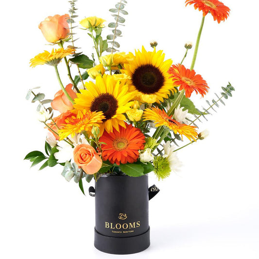 Vibrant Gerbera, Roses, and Sunflowers Floral Arrangement – gift basket with featuring vibrant sunflowers at the center of this and this floral