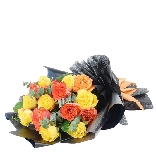 Vibrant Red, Yellow, and Orange Rose Bouquet with Eucalyptus – the bouquet