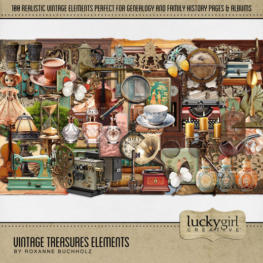 Great for genealogy and family history albums and keepsake digital art pages, these realistic vintage embellishments by Lucky Girl Creative are perfect for layering with your antique photographs to give that realistic vintage look. Perfect for memories of a grandma or grandpa, an aunt or uncle, or a mother or father. Elements include scrapbook, photo album, binoculars, bird cage, book, bottles, decorative box, butterfly, candlestick, candle, tea cup, compass, doll, family tree, and more.