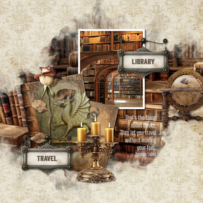 Great for genealogy and family history albums and keepsake digital art pages, these realistic vintage embellishments, damask papers, alpha sets, word art pieces, and frames by Lucky Girl Creative are perfect for layering with your antique photographs to give that realistic vintage look. Perfect for memories of a grandma or grandpa, an aunt or uncle, or a mother or father. Elements include scrapbook, photo album, binoculars, bird cage, book, literature, bookcase, books, bottles, candlestick, and more.