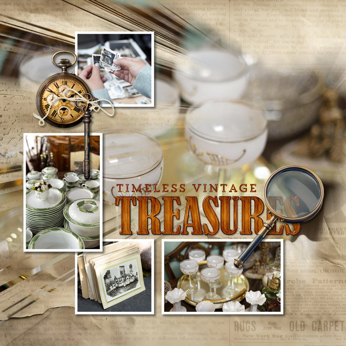 Great for genealogy and family history albums and keepsake digital art pages, these realistic vintage embellishments, damask papers, alpha sets, word art pieces, and frames by Lucky Girl Creative are perfect for layering with your antique photographs to give that realistic vintage look. Perfect for memories of a grandma or grandpa, an aunt or uncle, or a mother or father. Elements include scrapbook, photo album, binoculars, bird cage, book, literature, bookcase, books, bottles, candlestick, and more.