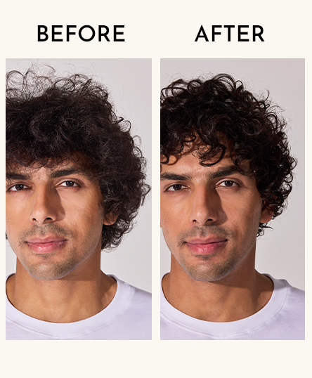 The picture shows before and after comparison of man's hair with Wash Day Bundle products