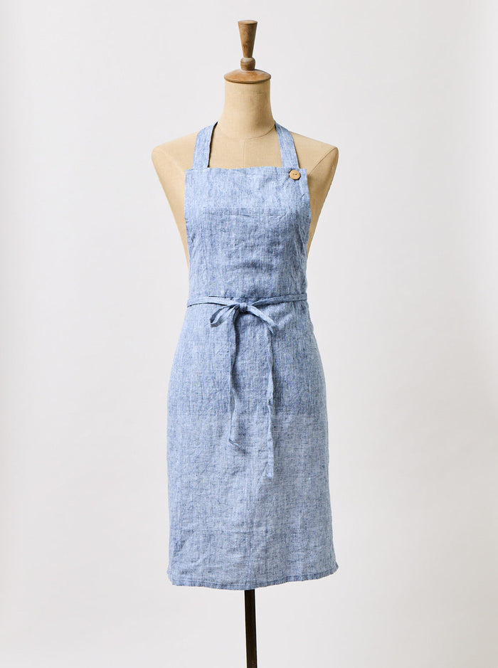 Washed Linen Apron — Indigo apron on a dress form; Farmhouse Pottery