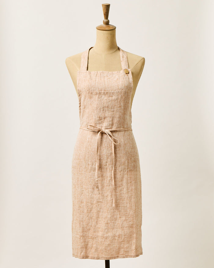 Washed Linen Apron — Terracotta apron on a dress form; Farmhouse Pottery