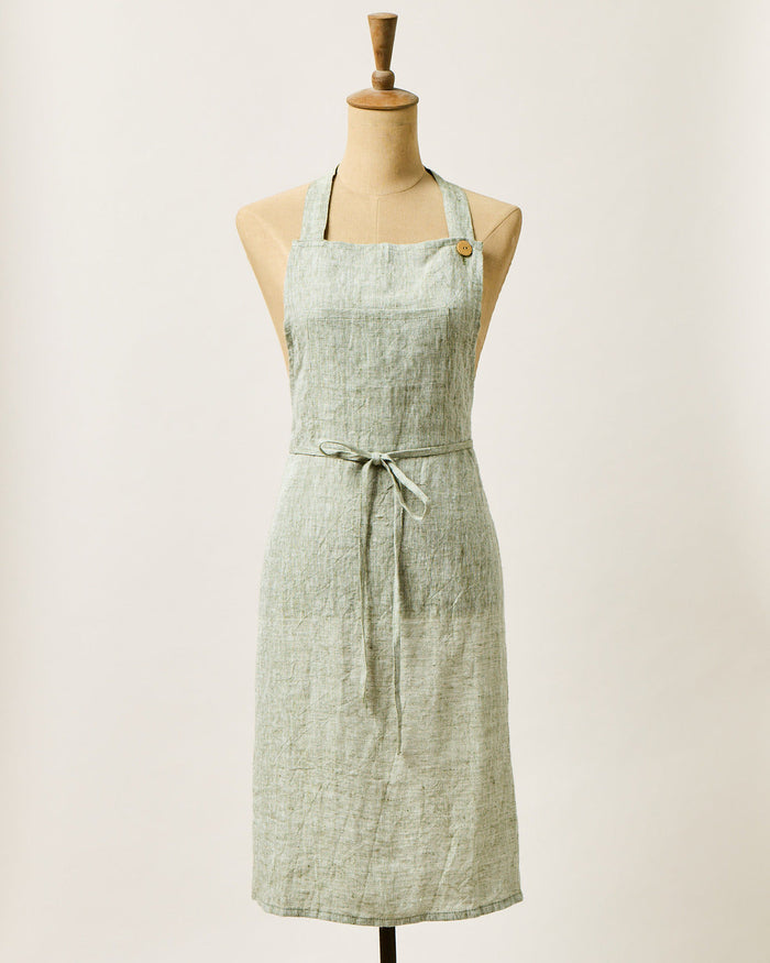 Washed Linen Apron — Olive apron on a dress form; Farmhouse Pottery