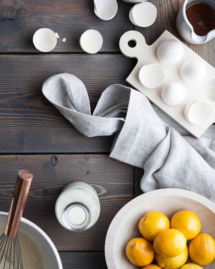 Washed Linen Napkins — linen napkin among kitchen pottery; Farmhouse Pottery