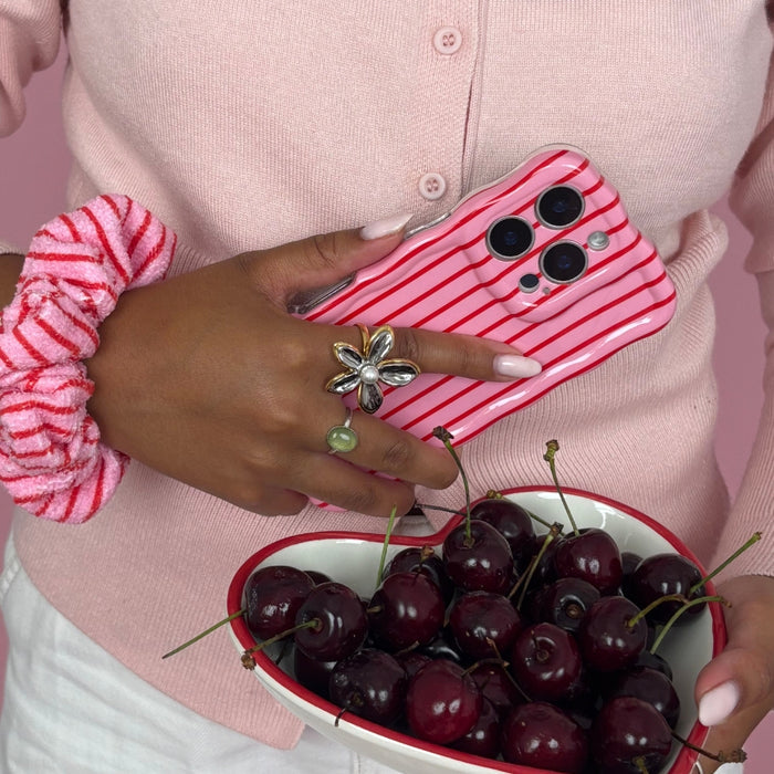 Coconut Lane Cherry Stripes TOWEL Scrunchie with red cherry and stripe pattern, shown beside a striped phone and cherries.