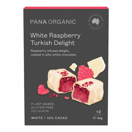 Pana Organic White Raspberry Turkish Delight packaging on a white background