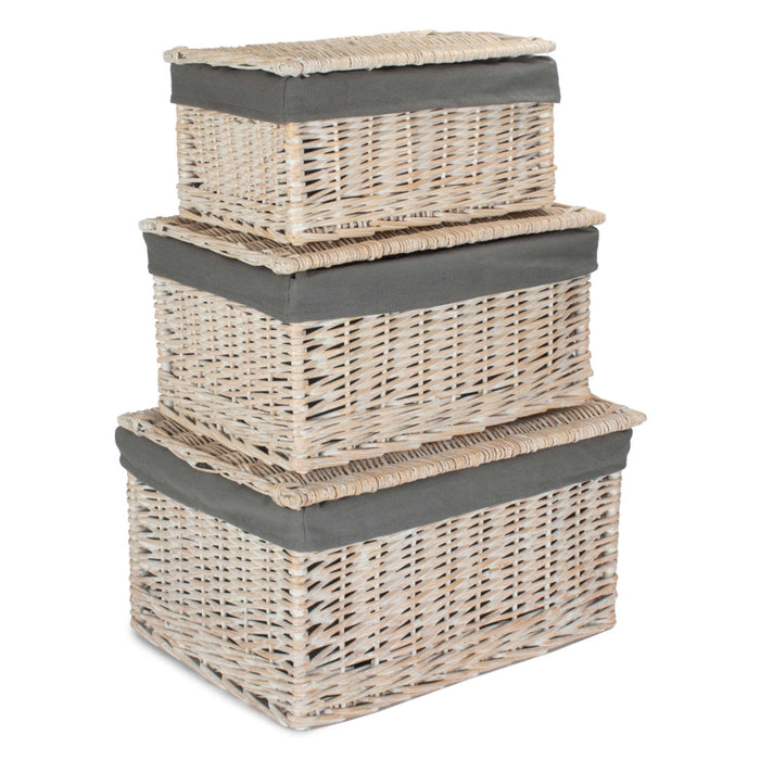 Whitewash Steamed Grey Cotton Lined Wicker Storage Basket