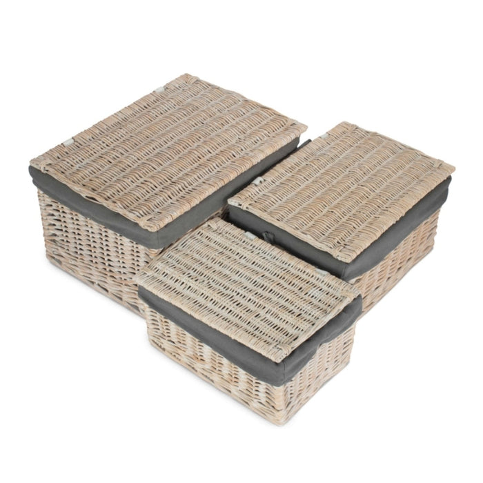 Whitewash Steamed Grey Cotton Lined Wicker Storage Basket