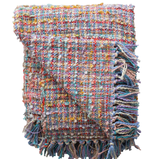 Multicolored woven blanket with fringes on a white background