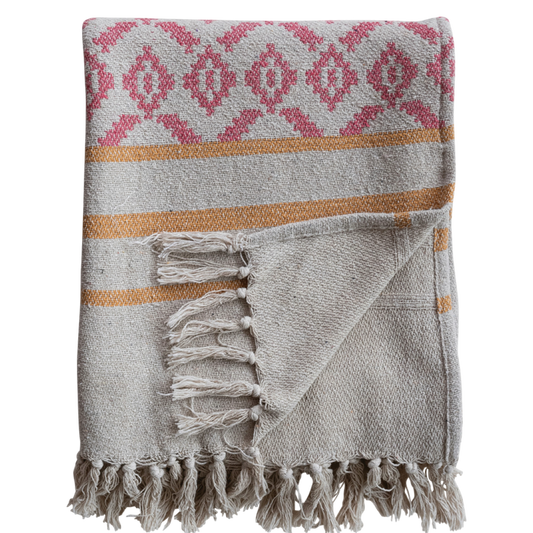 recycled cotton throw, jacquard stripe blanket, multicolor boho throw, eco-friendly blanket, cotton tassel throw, boho home decor, sustainable home textiles, cozy woven blanket, colorful bed throw, living room accent blanket