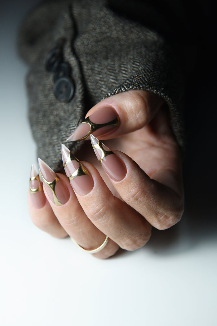 Y2K Gold Nude Press-On Nails | Modern Art Clear Tips | Handmade Reusable Set