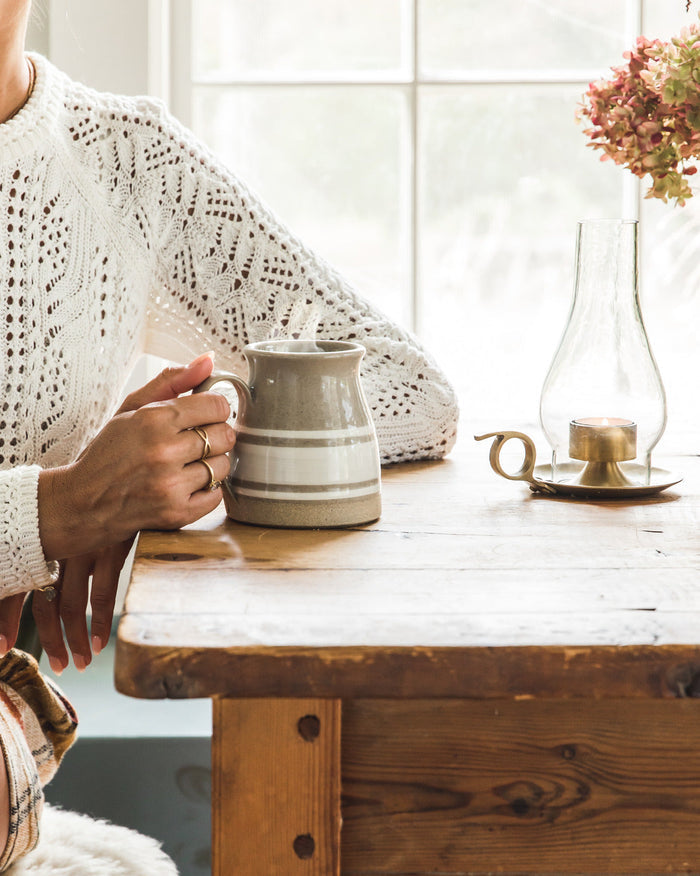 Yellowware Stoneware Mug — mug held at a sunlit table; Farmhouse Pottery