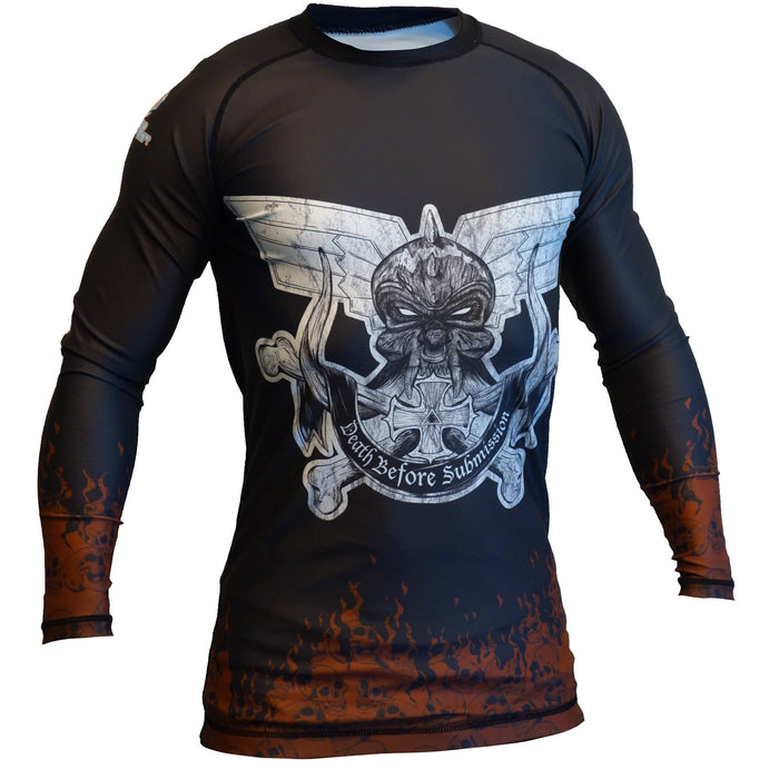 The Retro Grappler Youth - Death Before Submission rashguard is a black long-sleeve athletic top with a winged skull, crossed swords, and Death Before Submission. Brown sleeves feature flaming skulls for ultimate Victory or Death style.