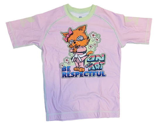 The Retro Grappler Youth - Respectful Red Panda T-shirt has pastel pink and green colors, a cartoon red panda in a kimono with flowers, “Be Respectful” text, and is crafted from soft four-way stretch fabric for comfy play.